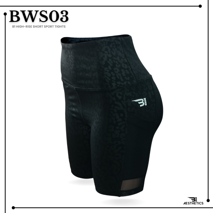 high-rise short shiny black camo patterned sport tights