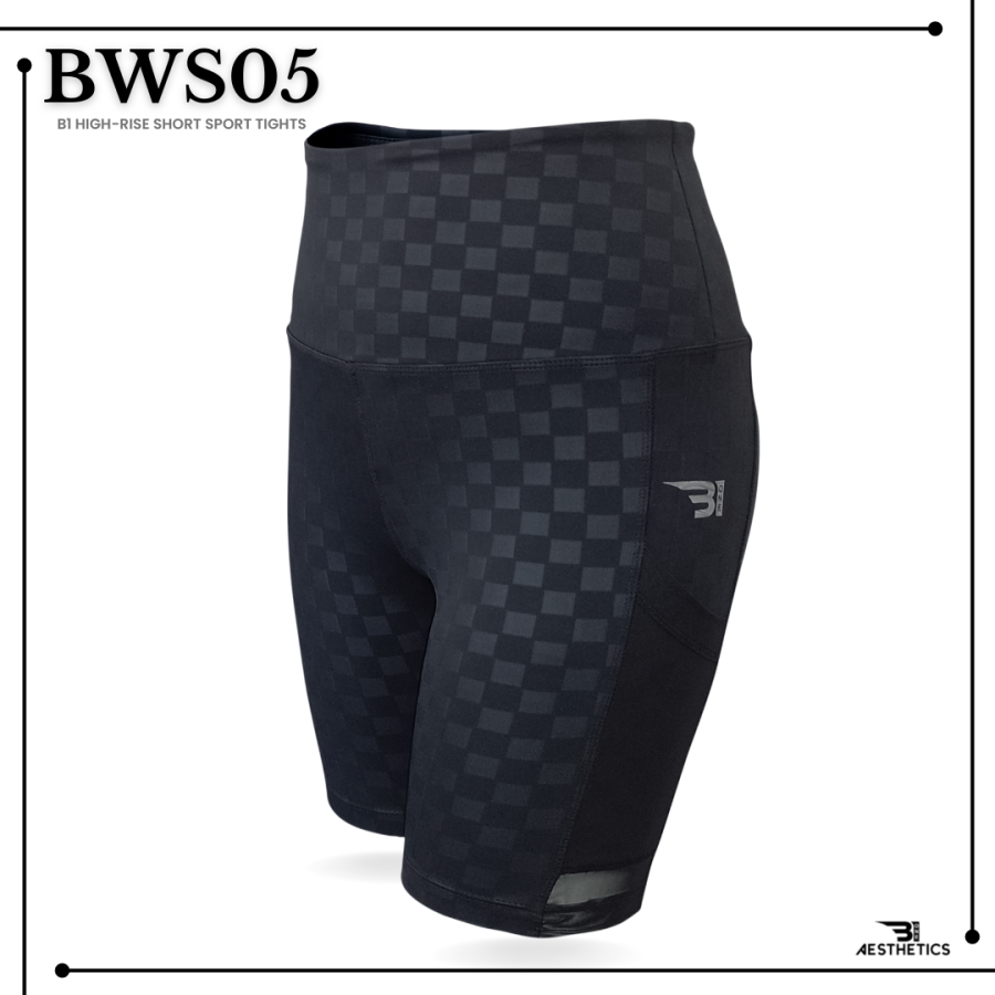 high-rise short sport tights black shiny checkered pattern