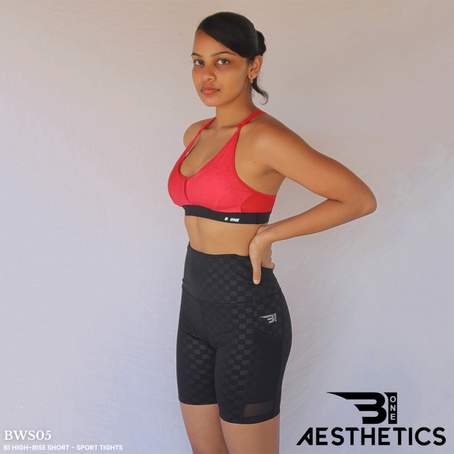 high-rise short sport tights black shiny checkered pattern