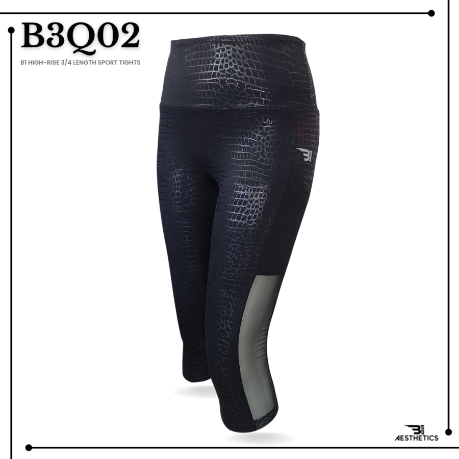 shiny black patterned high-rise 3/4 length sport tights