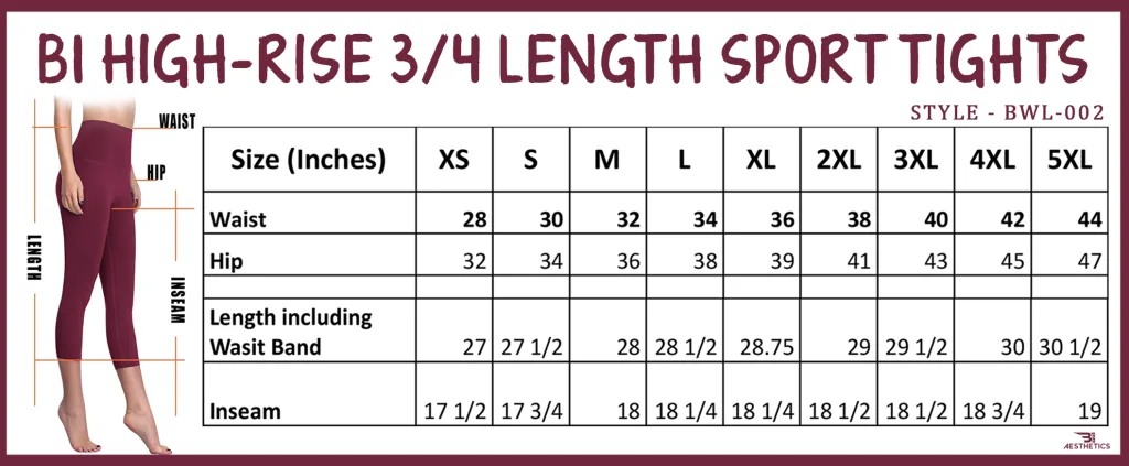 high-rise 3/4 length sport tights size chart