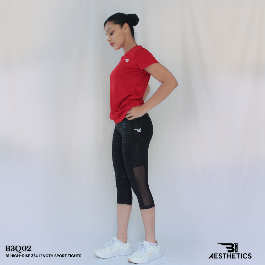 shiny black patterned high-rise 3/4 length sport tights