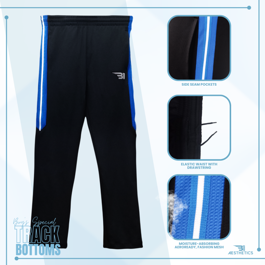 B1 Boy's Track Bottoms Full Black And Blue Contrast Features
