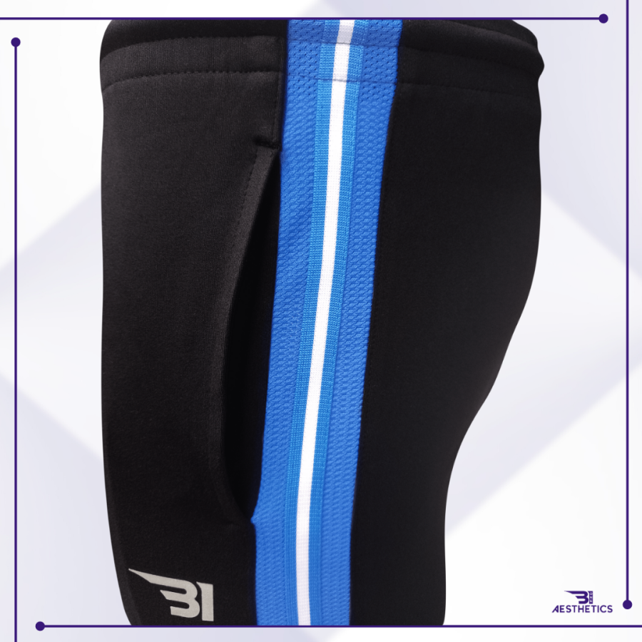 Track Bottoms fashionable material Full Black And Blue Contrast side view