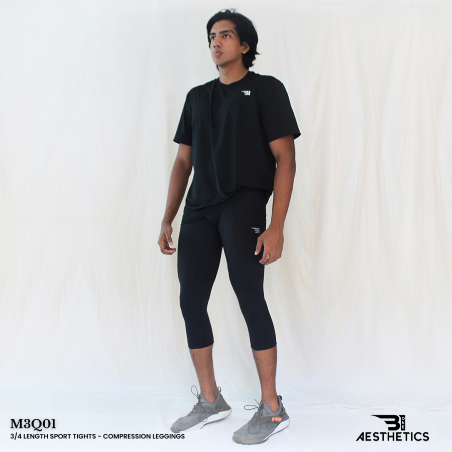 men's three quarter black compression leggings front