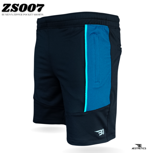 B1 black and light blue contrast men's zipper shorts