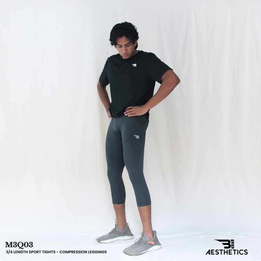 men's three quarter black-gray compression leggings 1