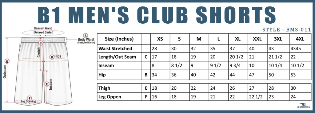 B1 Club Shorts Size Chart
