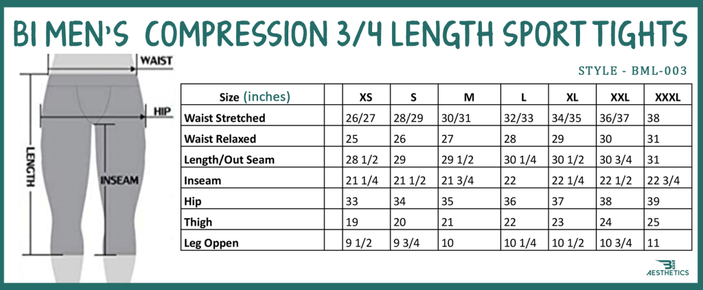 men's three quarter black compression leggings size chart