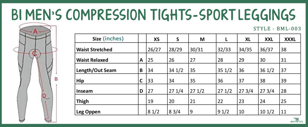 B1 men's compression leggings size chart