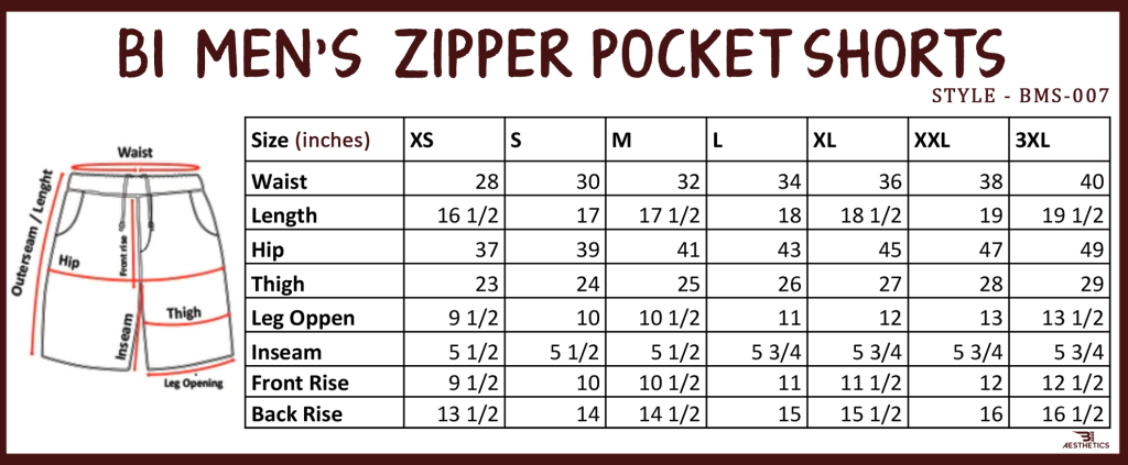B1 Men's zipper shorts size chart