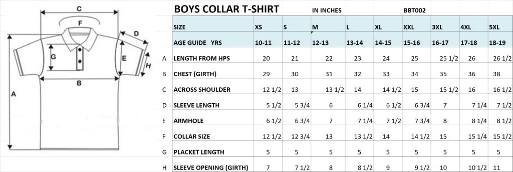 Boy's polo T-shirt size chart
