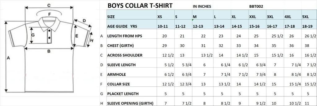 Boy's polo T-shirt size chart