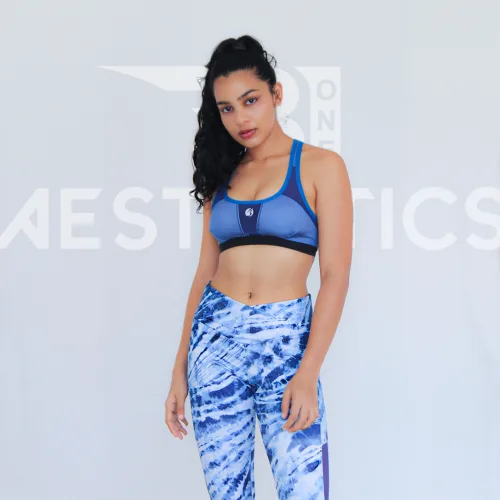 women's blue tile pattern workout leggings