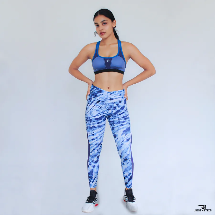 women's blue tile pattern workout leggings