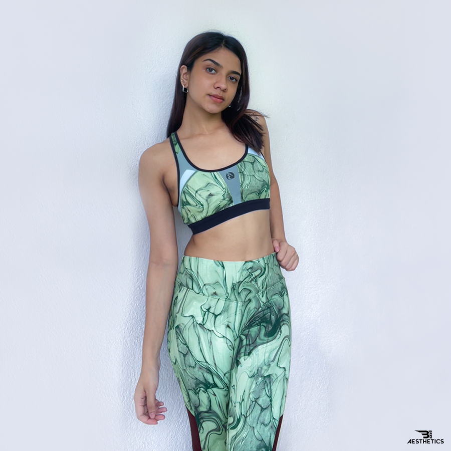 women's green tile pattern workout leggings