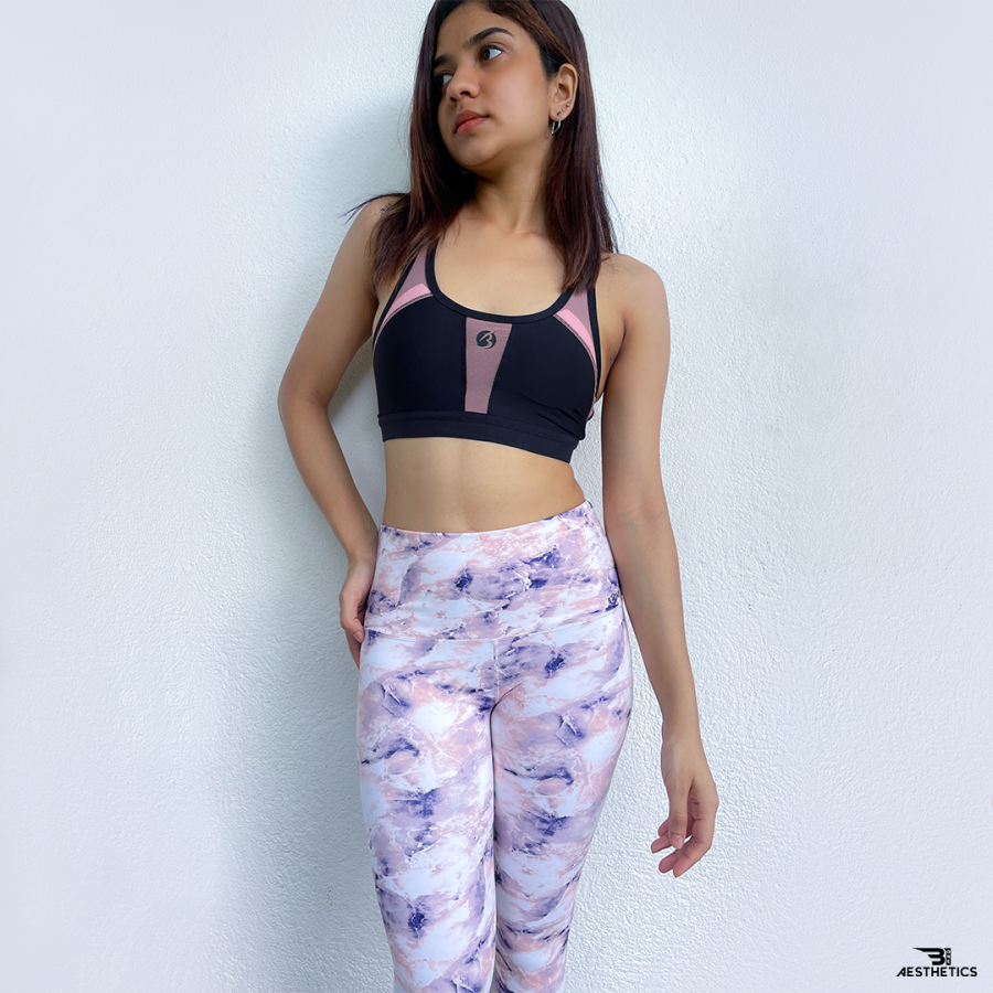 women's pink and blue pattern workout leggings