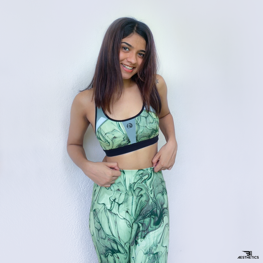 women's green tile pattern workout leggings