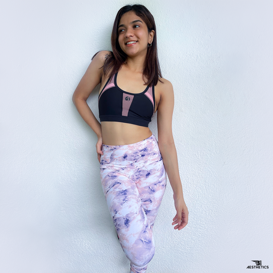 women's pink and blue pattern workout leggings