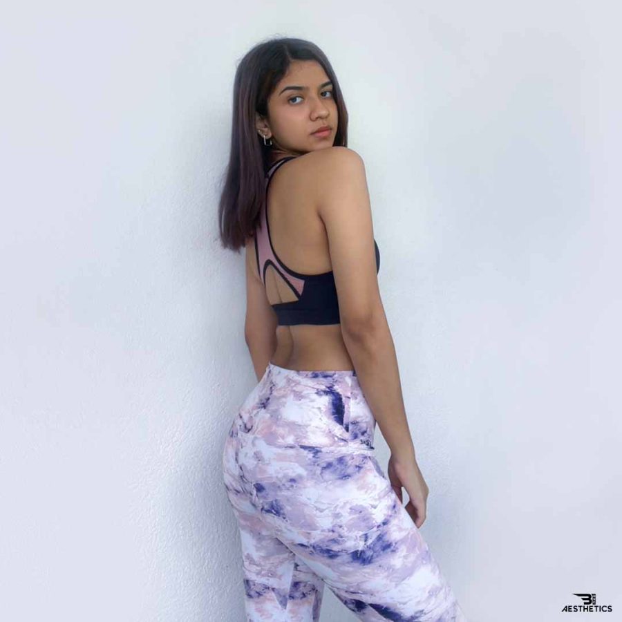 women's pink and blue pattern workout leggings