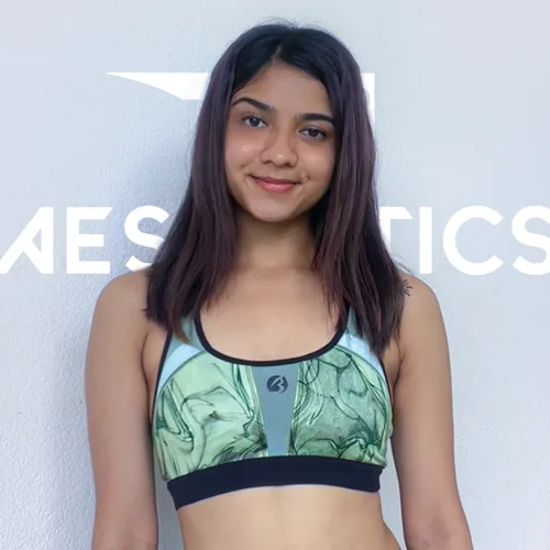 green tile pattern sports bra