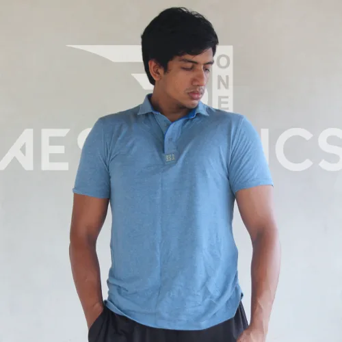 blue and gray polo collar t-shirt