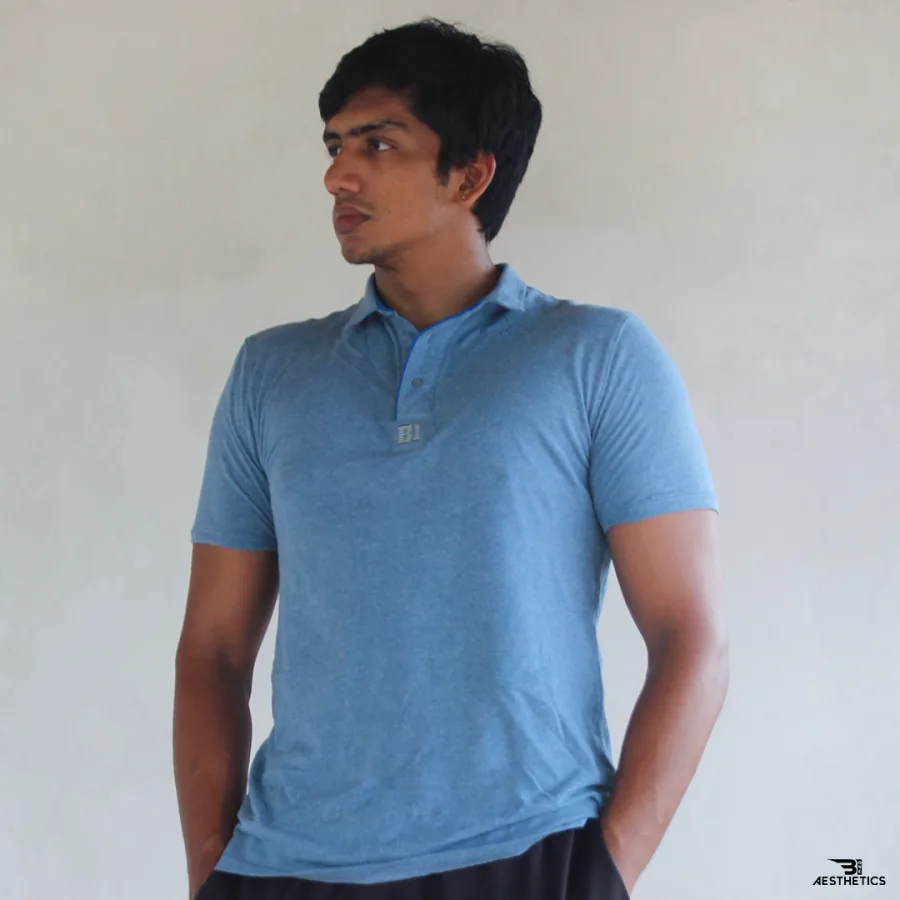 blue and gray polo collar t-shirt