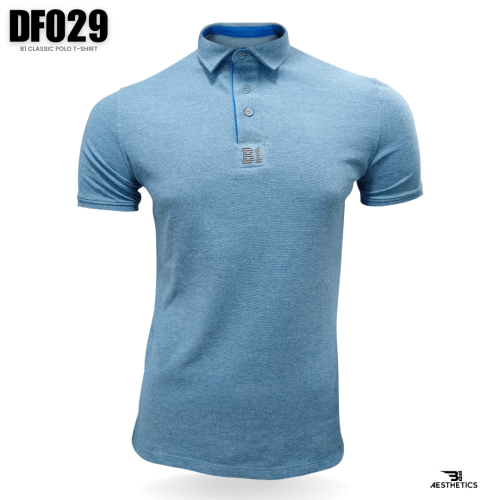 blue and gray polo collar t-shirt