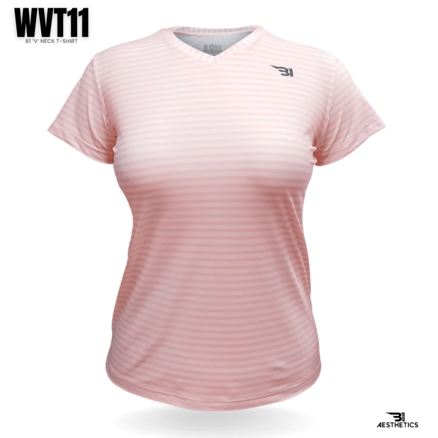 women's pink striped V-neck t-shirt