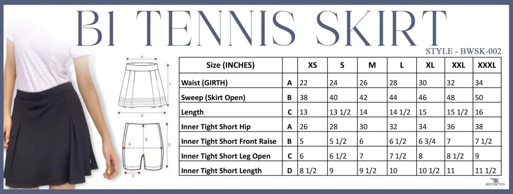 Tennis Skirt BWSK 002 Size Chart