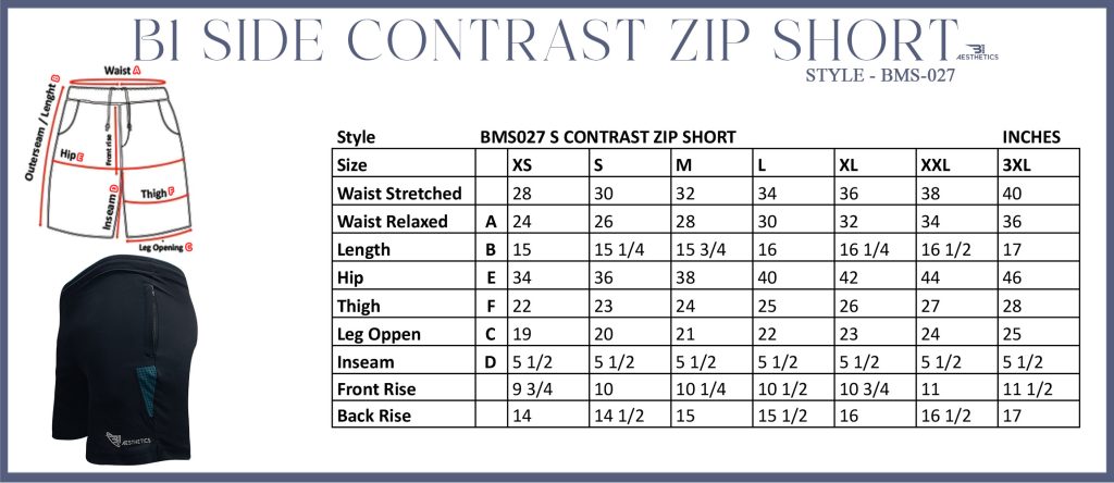 size chart side contrast zipper pocket short