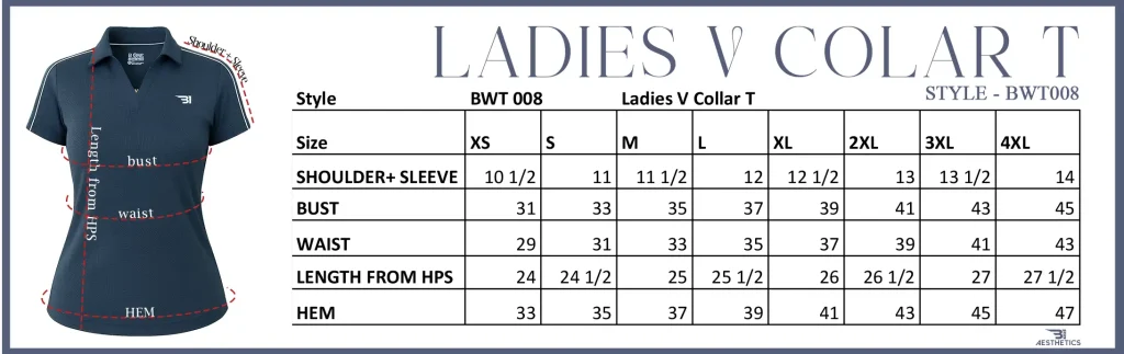 LADIES V COLLAR size chart
