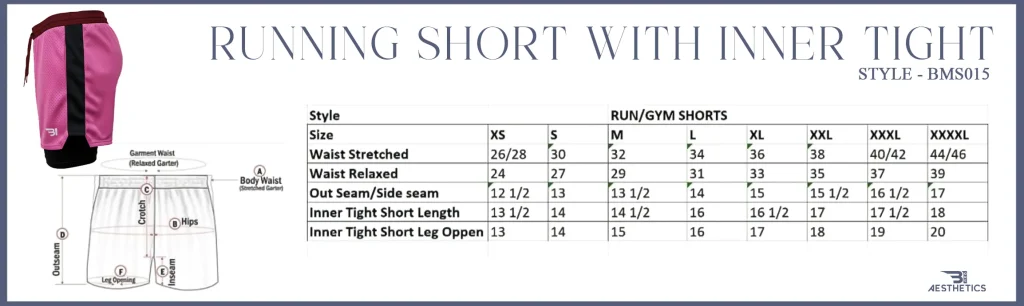 RUNING short with inner short size chart