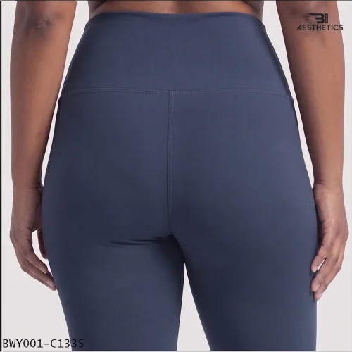 Back view of Greyish Blue high waist yoga pants showing curve-hugging fit
