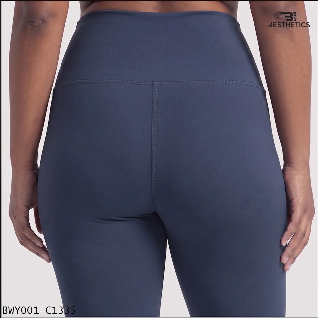 Back view of Greyish Blue high waist yoga pants showing curve-hugging fit