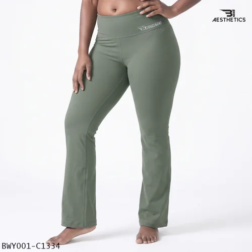 Women wearing high waist Artichoke Green yoga pants front view