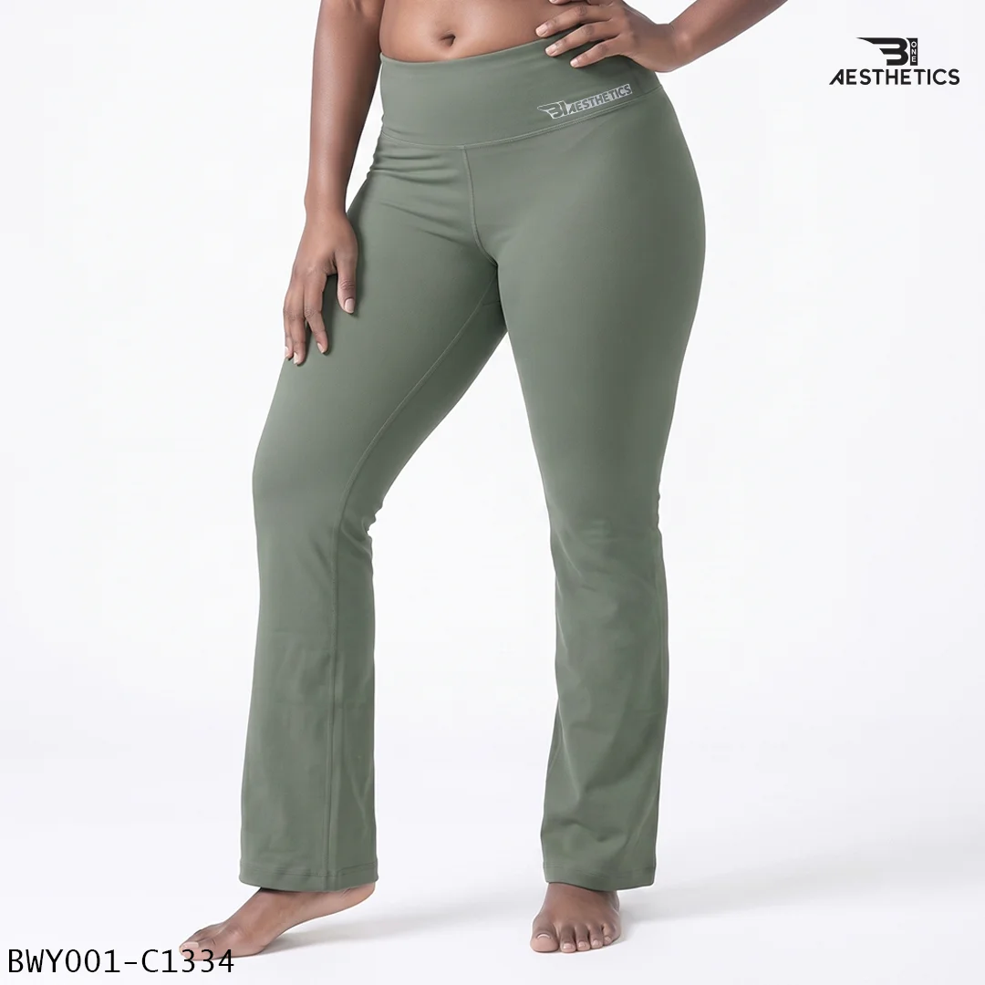 Women wearing high waist Artichoke Green yoga pants front view