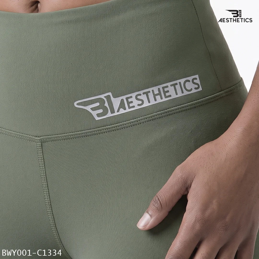 Close up texture of Artichoke Green poly-spandex 4-way stretch fabric