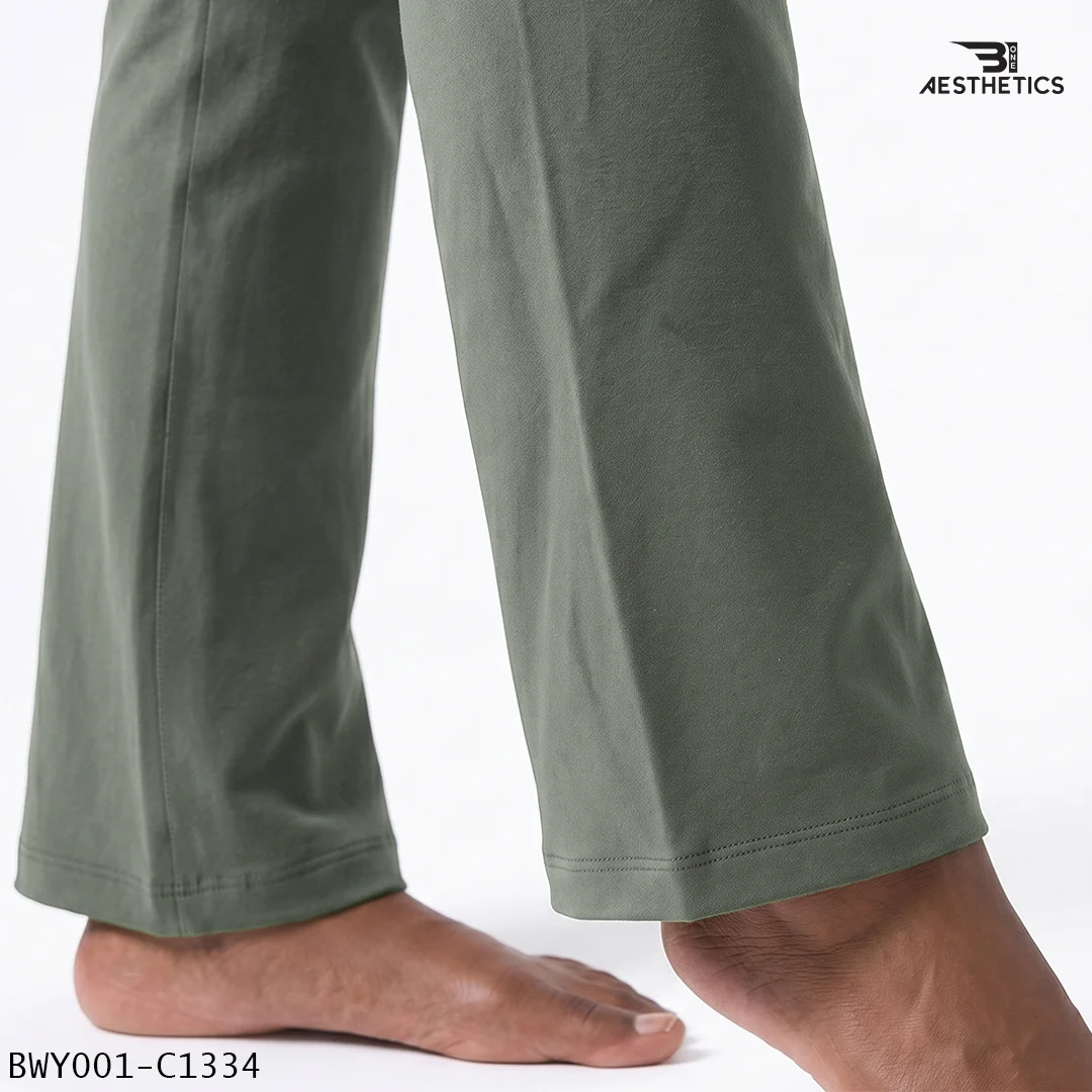 Wide leg flare bottom opening of Artichoke Green yoga pants