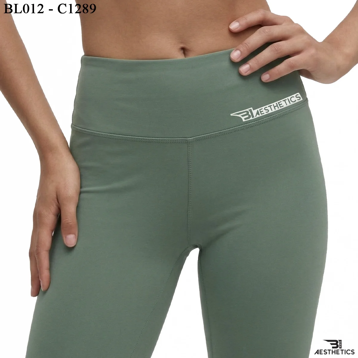 Close up of women's high rise leggings waistband and premium stretch fabric