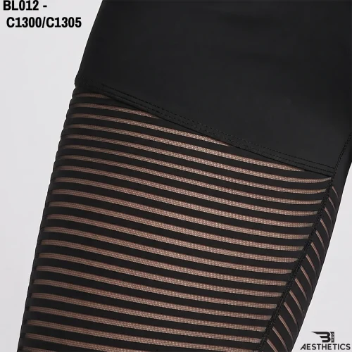 Close up of women's leggings featuring stripe patterned see through mesh ventilation