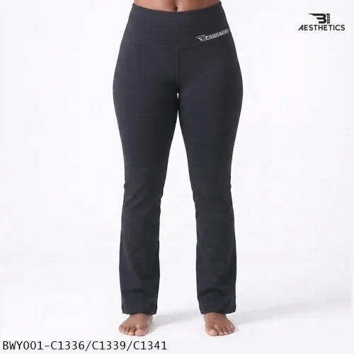 Women wearing high waist Black yoga pants front view