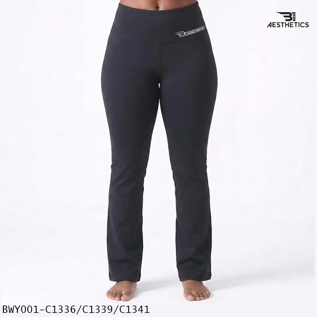 Women wearing high waist Black yoga pants front view