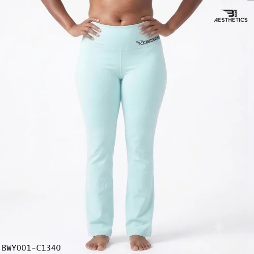 Women wearing high waist Ice Blue yoga pants front view