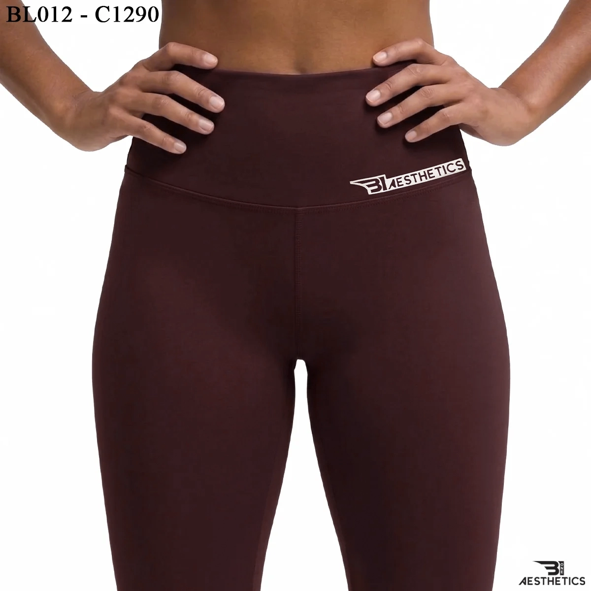 Close up of women's high rise leggings waistband and premium stretch fabric