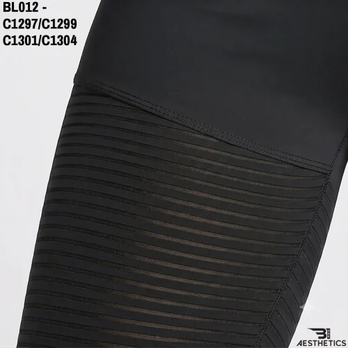 Close up of women's leggings featuring stripe patterned see through mesh ventilation High-Waist Mesh Legging - Black | Small stripes