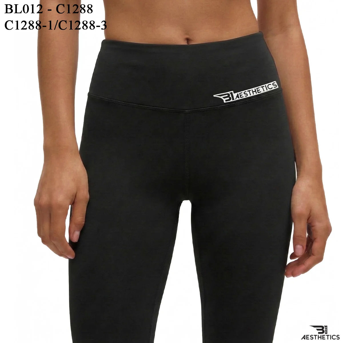 Close up of women's high rise leggings waistband and premium stretch fabric