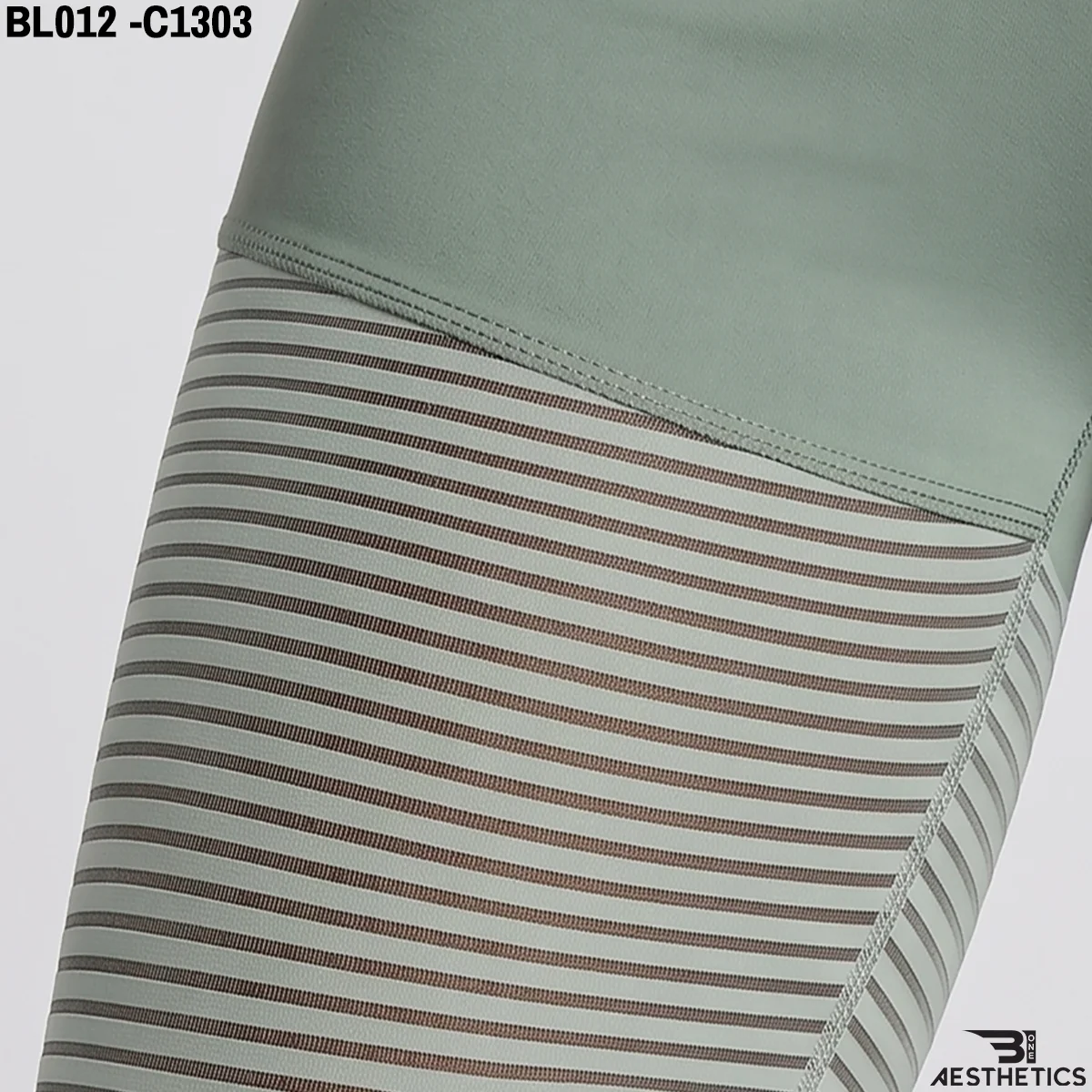 Close up of women's leggings featuring stripe patterned see through mesh ventilation