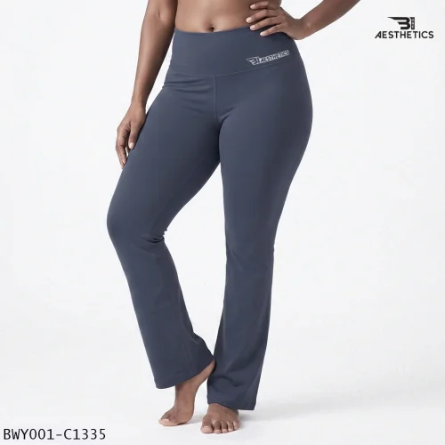 Women wearing high waist Greyish Blue yoga pants front view