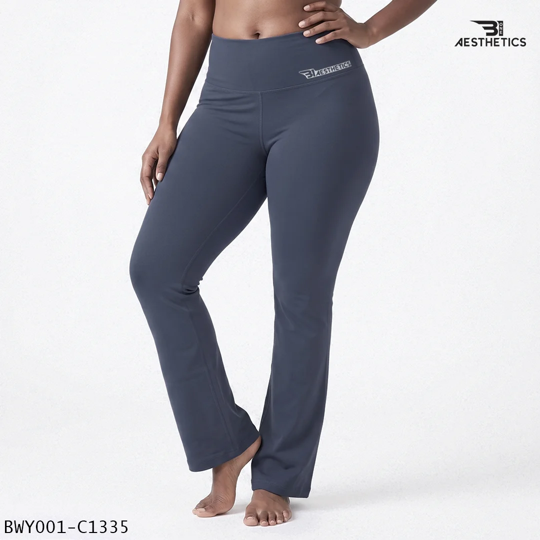 Women wearing high waist Greyish Blue yoga pants front view